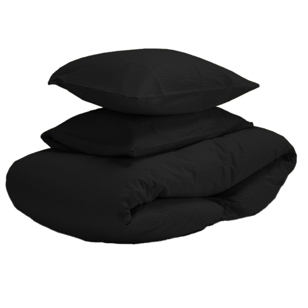 Seersucker Bettwäsche „Kora Black“. Bettwäsche Baumwolle, 135/140x200 cm, 200x200 cm, 200x220 cm, 220x240 cm. Elegantes bettwäsche-set in schwarz, das dem schlafzimmer einen modernen und stilvollen look verleiht.