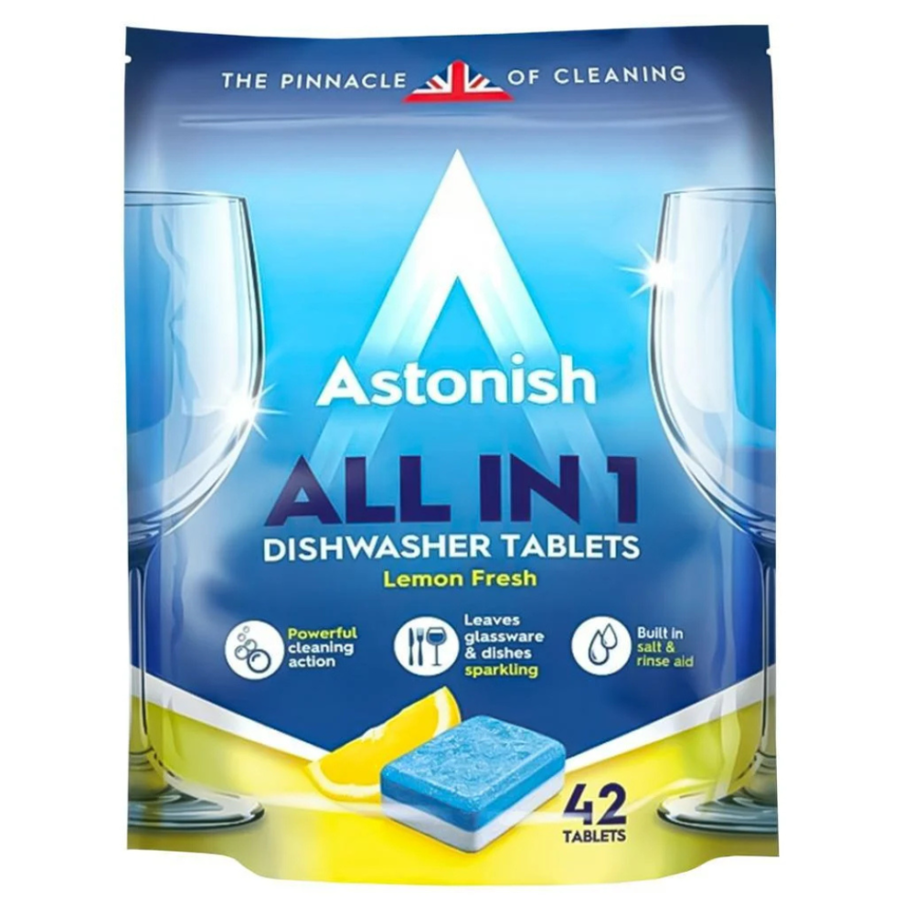 Spülmaschinentabs "Dishwasher tablets Astonish". Reinigungsmittel. Astonish geschirrspültabs, die für kraftvolles reinigen und makellose ergebnisse sorgen, sodass ihr geschirr strahlend sauber bleibt.