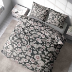 Bettwäsche set "Floret". Bettwäsche 140x200, 135/140x200 cm, 150x200 cm, 155/160x200 cm, 200x200 cm, 200x220 cm, 220x240 cm. Schicke dunkelgraue bettwäsche mit zarten bräunlichen blütenblättern verziert.