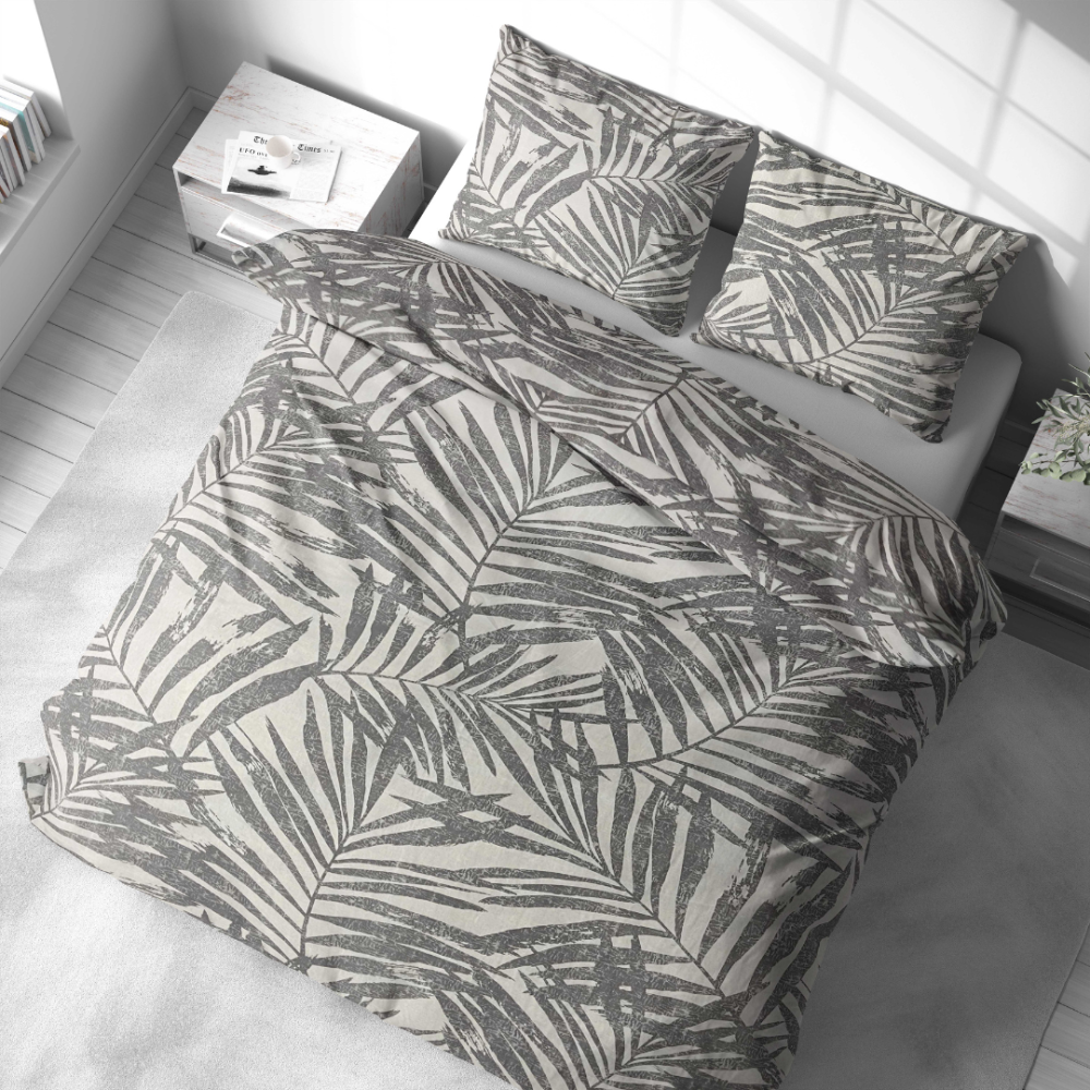 Bettwäsche set "Palm Drift". Bettwäsche 135x200, 140x200 cm, 150x200 cm, 160x200 cm, 180x200 cm, 200x200 cm, 200x220 cm, 220x240 cm. Hell gefärbtes bettwäsche-set mit verspielten palmenblatt-designs, das ihrer schlafumgebung ein luftiges, urlaubsähnliches gefühl verleiht.