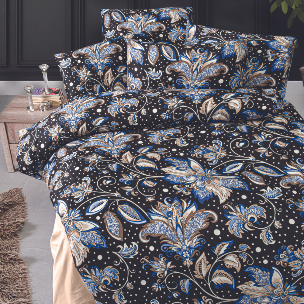 Premium satin bettwäsche set "Gloria". Bettwäsche aus Satin, 135/140x200 cm, 200x200 cm, 200x220 cm. Bettwäscheset in schwarz mit aufwändigen blumen- und blattmustern in braun-, blau- und hellen farbtönen, die für künstlerische eleganz sorgen.