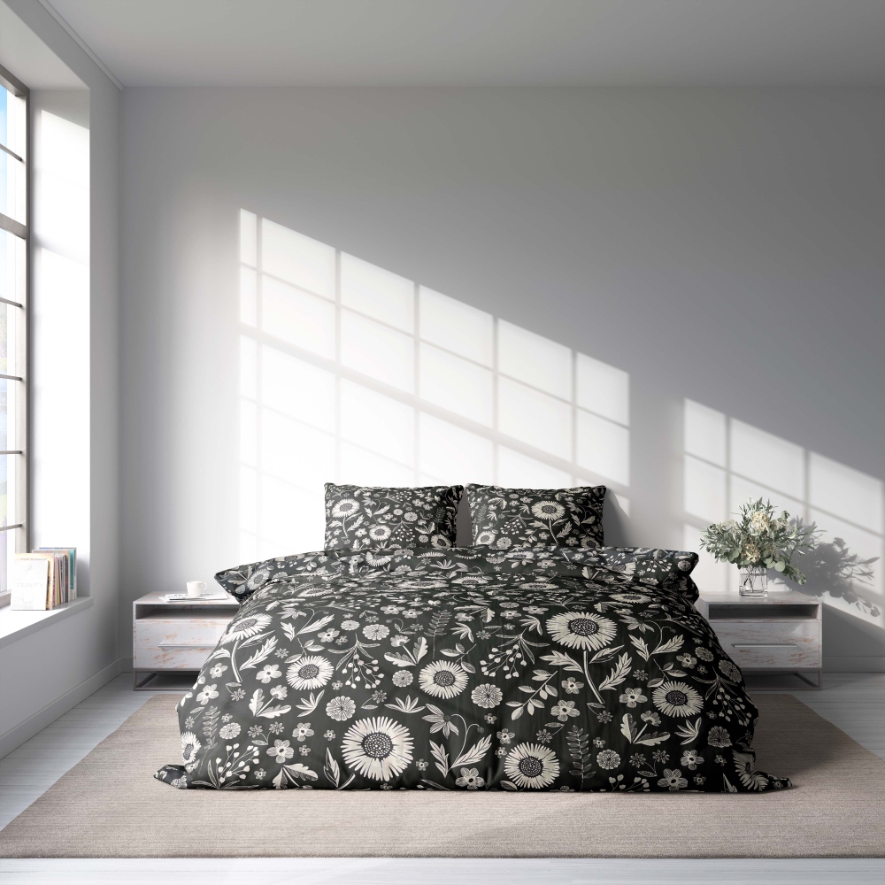 Premium satin bettwäsche set "Night Flowers". Bettwäsche aus Satin, 135/140x200 cm, 150x200 cm, 155/160x200 cm, 180x200 cm, 200x200 cm, 200x220 cm. Elegantes schwarzes bettwäscheset mit charmantem weißem blumenmuster im landhausstil.