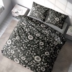 Premium satin bettwäsche set "Night Flowers". Bettwäsche aus Satin, 135/140x200 cm, 150x200 cm, 155/160x200 cm, 180x200 cm, 200x200 cm, 200x220 cm. Raffiniertes schwarzes bettwäscheset mit weißen landhausblumen.