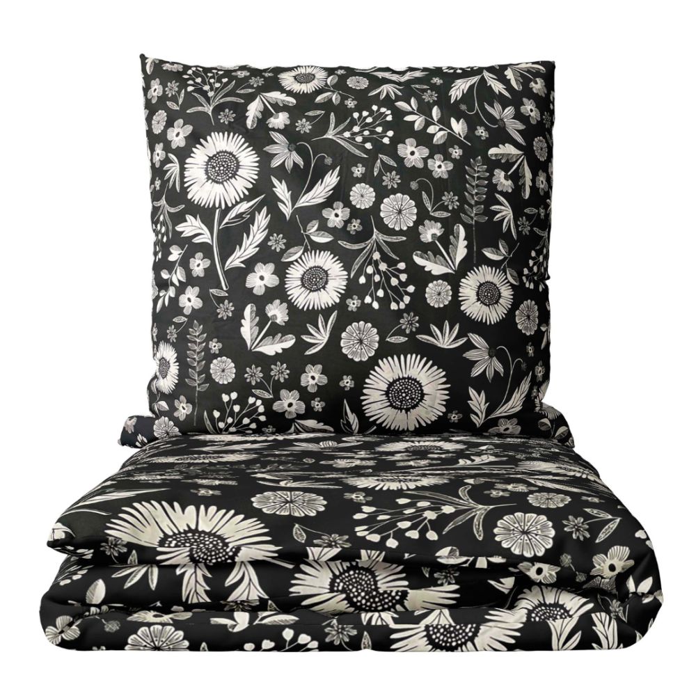 Premium satin bettwäsche set "Night Flowers". Bettwäsche aus Satin, 135/140x200 cm, 150x200 cm, 155/160x200 cm, 180x200 cm, 200x200 cm, 200x220 cm. Elegantes schwarzes bettwäscheset mit zarten weißen landhausblumen.