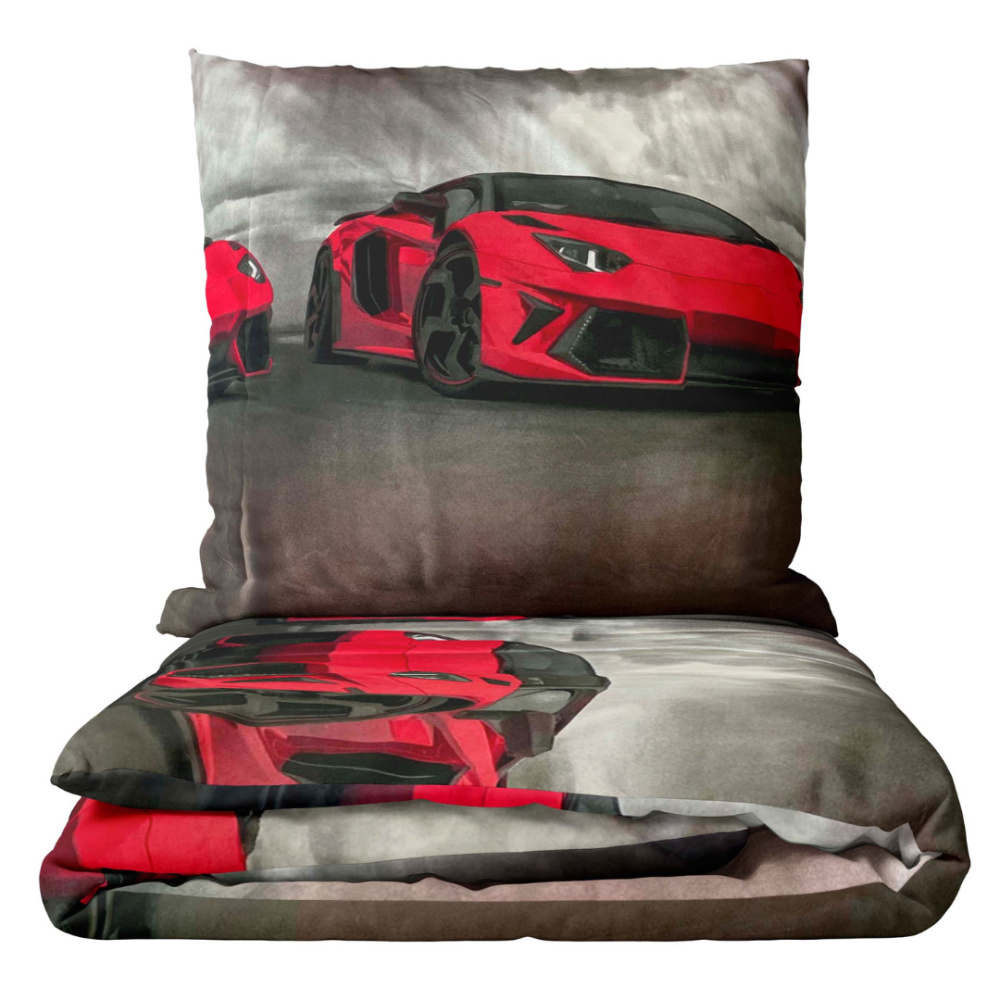 Kinderbettwäsche set "Sports Cars". Kinderbettwäsche, 135/140x200 cm. Bettwäsche-set in dunkelgrau mit leuchtend roten sportwagen, perfekt, um ihrem schlafzimmer einen dynamischen und aufregenden touch zu verleihen.